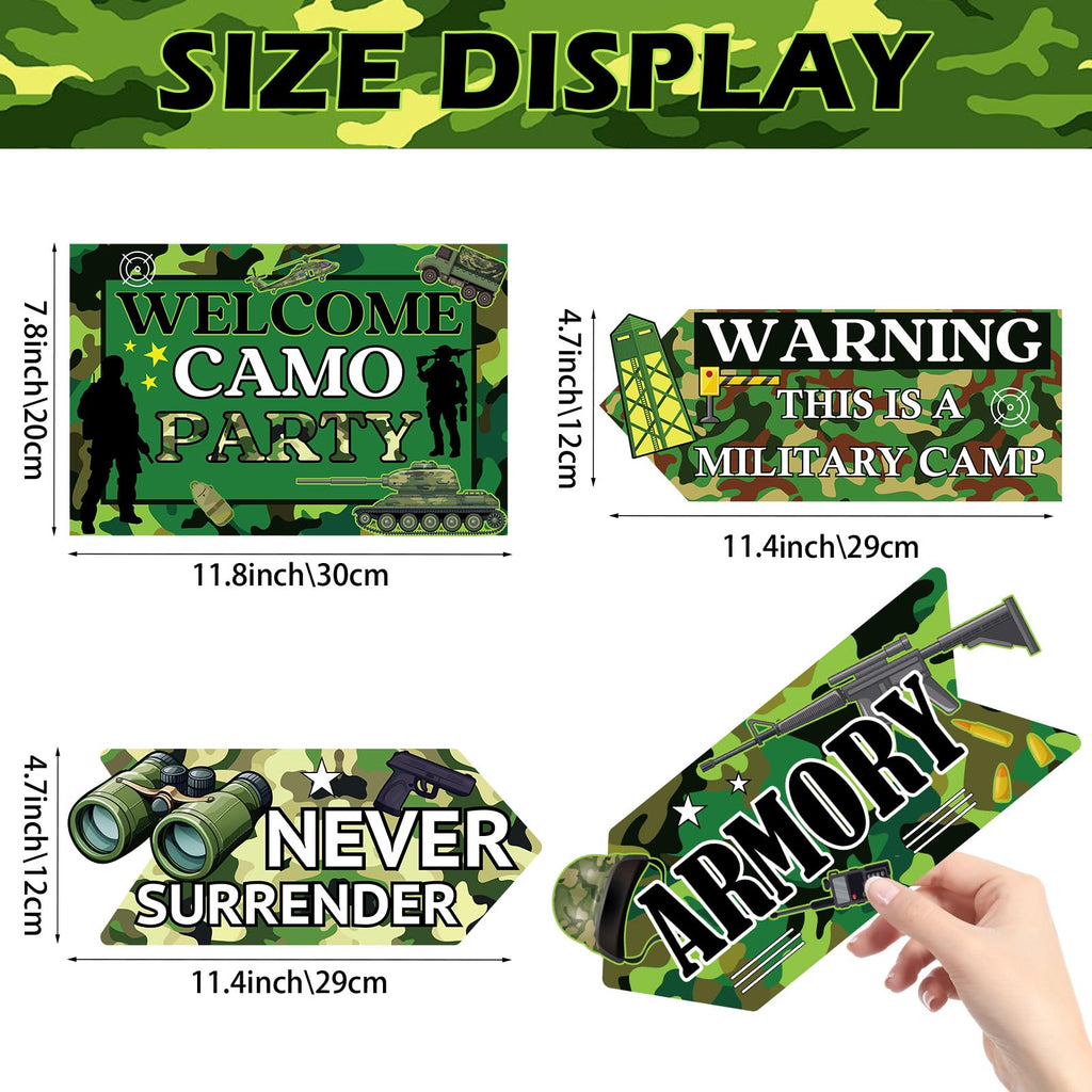 Hooqict 20 Pieces Camo Party Signs Army Birthday Party Decorations Camouflage Military Birthday Party Supplies for Boys Men Army Themed Directional Sign