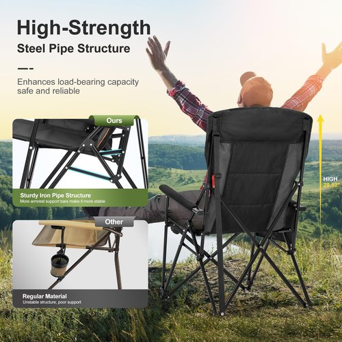 LET'S CAMP Oversized Camping Chairs 29.52" High Back Heavy Duty Lawn Chair Support 500LBS, Portable Collapsible Chair with Cup Holder, Side Pocket(Black)