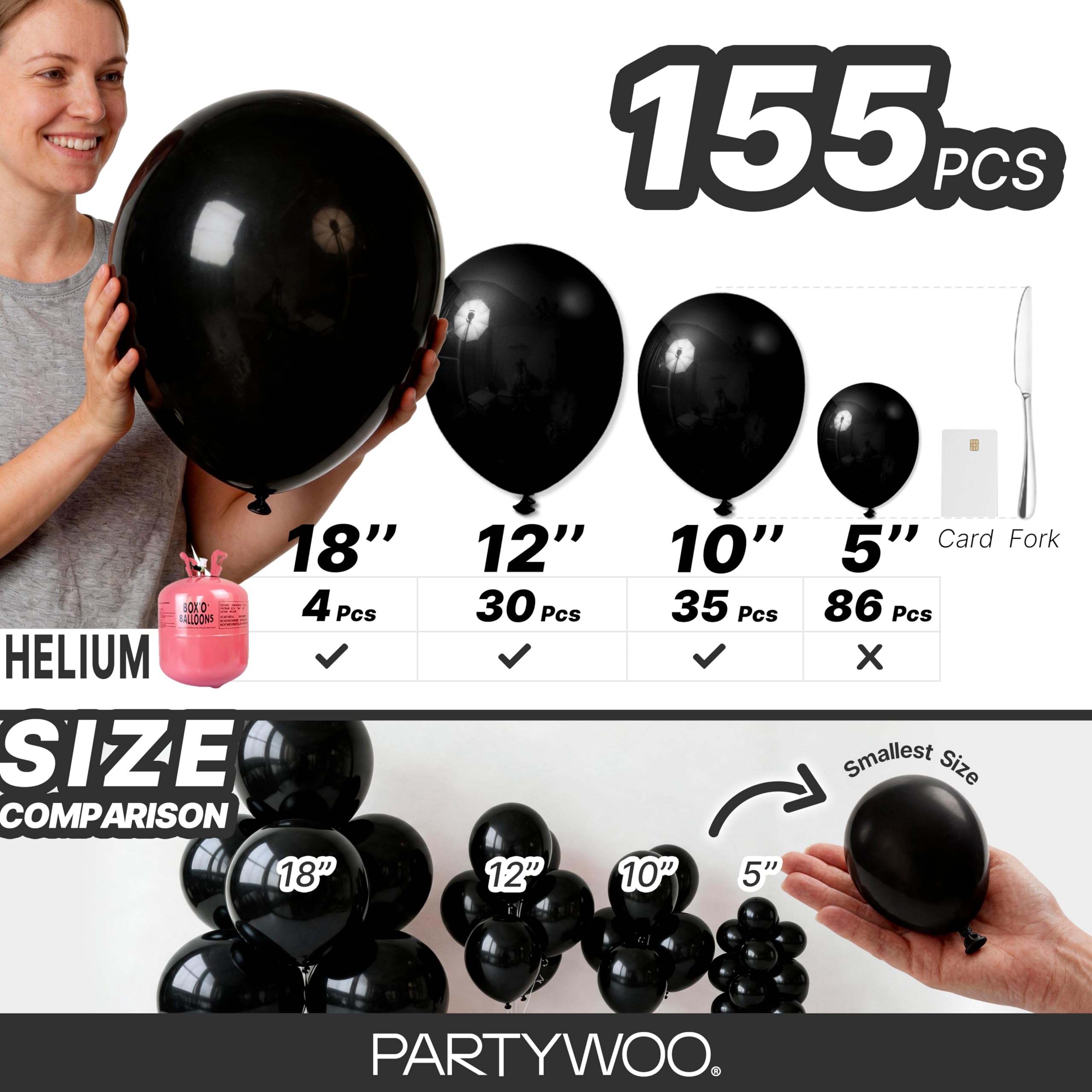 PartyWoo Black Balloons 155 pcs Different Sizes of 18 12 10 5 Inch Black Balloons Arch Kit Garland for Baby Shower Birthday Graduation Casino Gaming Anniversary Race Car Party Decorations Black-Y18