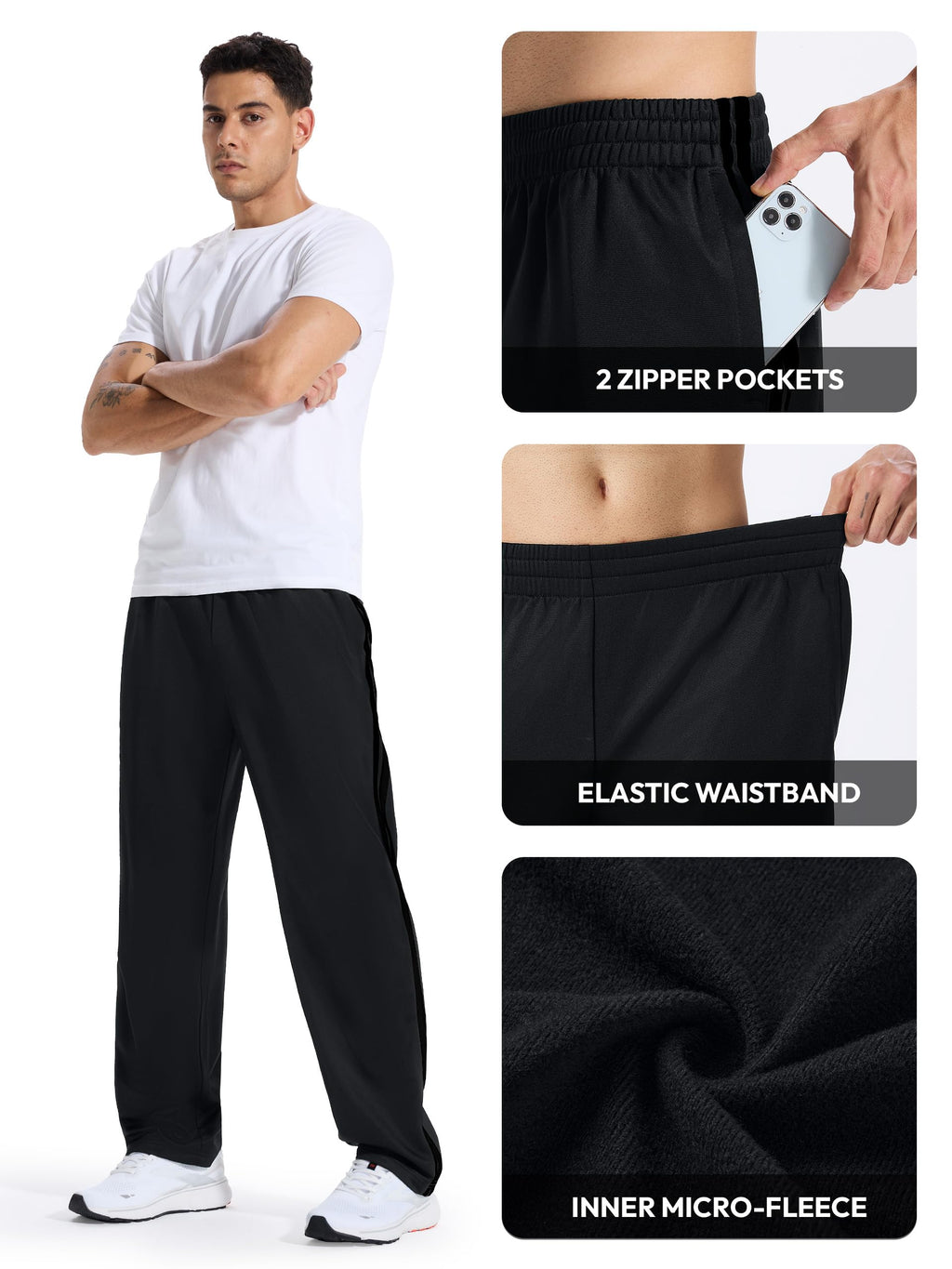 Tallemon Men's 34" Long Inseam Track Pants Warm-up Sweatpants Open Hem Tracksuit Bottoms for Lounge Travel, Black/Black, M
