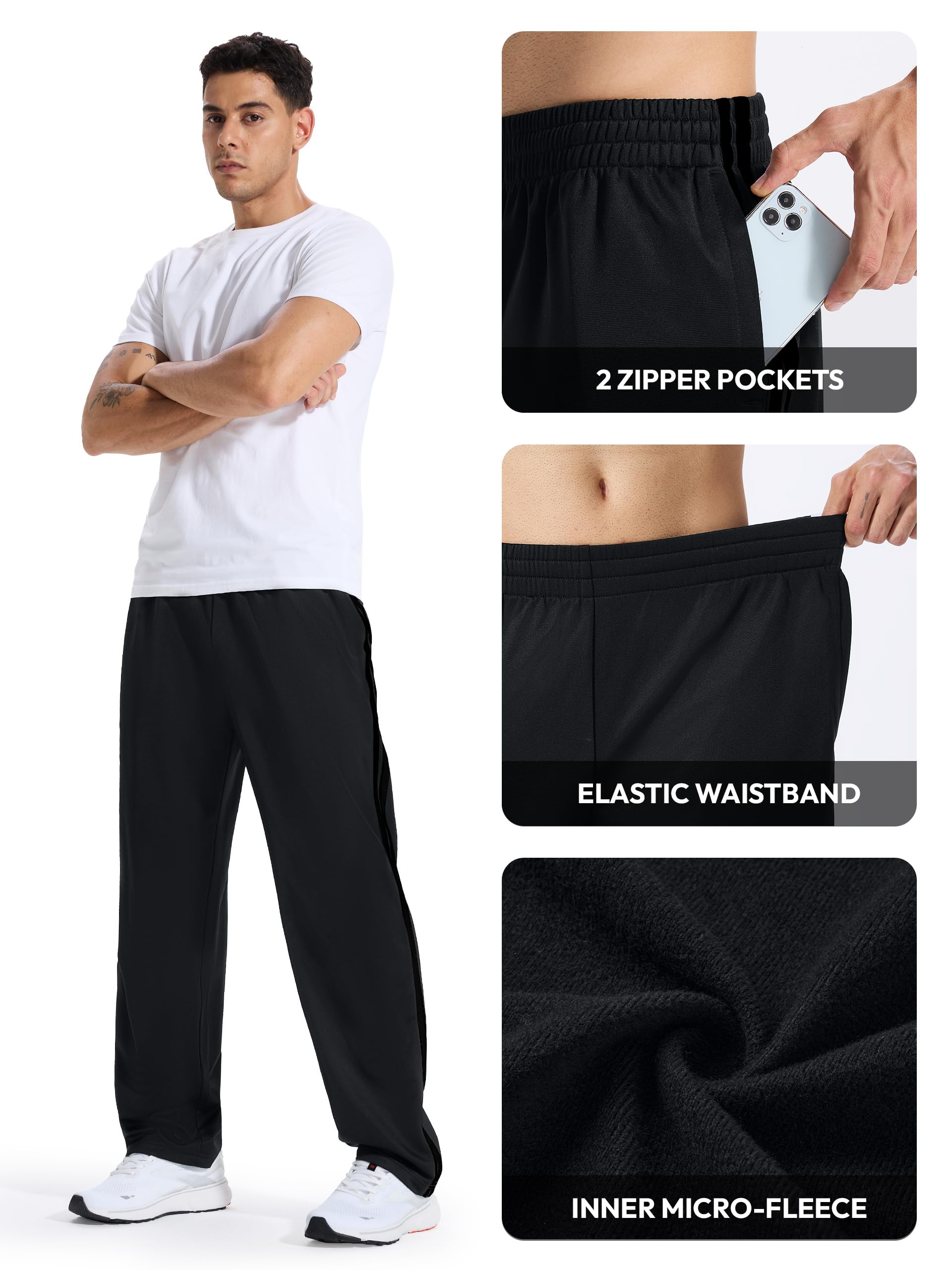 Tallemon Men's 34" Long Inseam Track Pants Warm-up Sweatpants Open Hem Tracksuit Bottoms for Lounge Travel, Black/Black, M