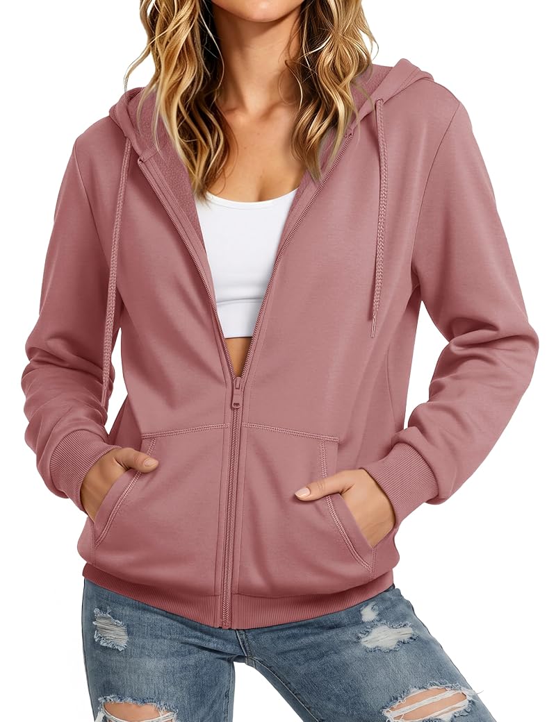 MAGCOMSEN Pink Medium Zip Up Hoodie Women Fleece Lined Jacket