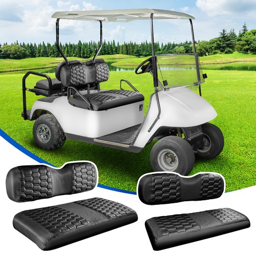 NOKINS Golf Cart Seat Covers Kit, 4PCS Front&Rear Seat Covers Fits for EZGO TXT 1994-2013/EZGO RXV Standard Seat Cushion, No Stapler, Golf Cart Accessories(Hexagon Carbon Fiber - Black)