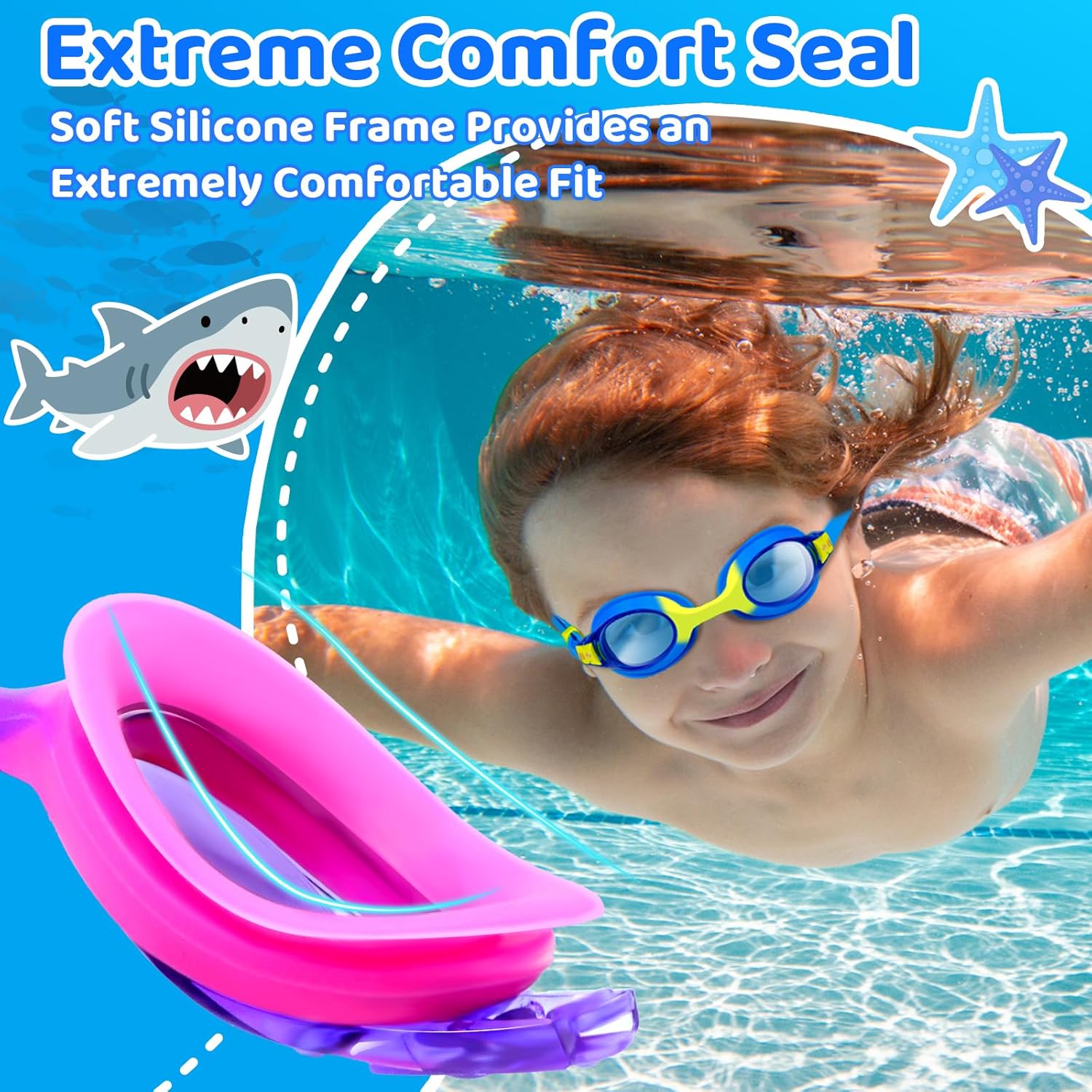 Vvinca Kids Swim Goggles - Anti-Fog UV Protection | Soft Silicone, Leak-Proof Design for Ages 3-14