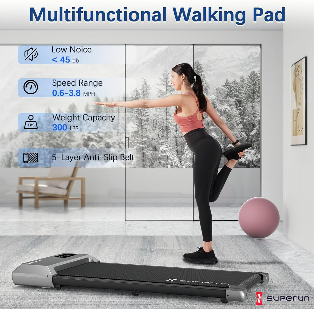 Superun 2 in 1 Walking Pad - Portable Under Desk Treadmill with 300lbs Capacity & LED Display for Home/Office