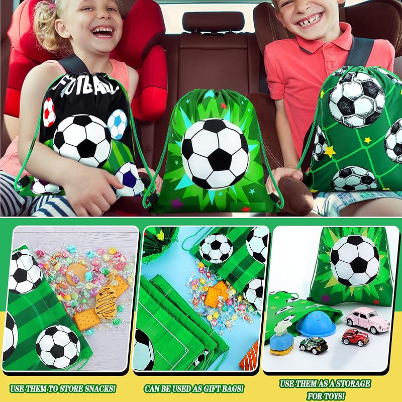 Soccer Themed 12-Pack Drawstring Gift Bags for Kids – Green Mini Soccer Party Favor Bags