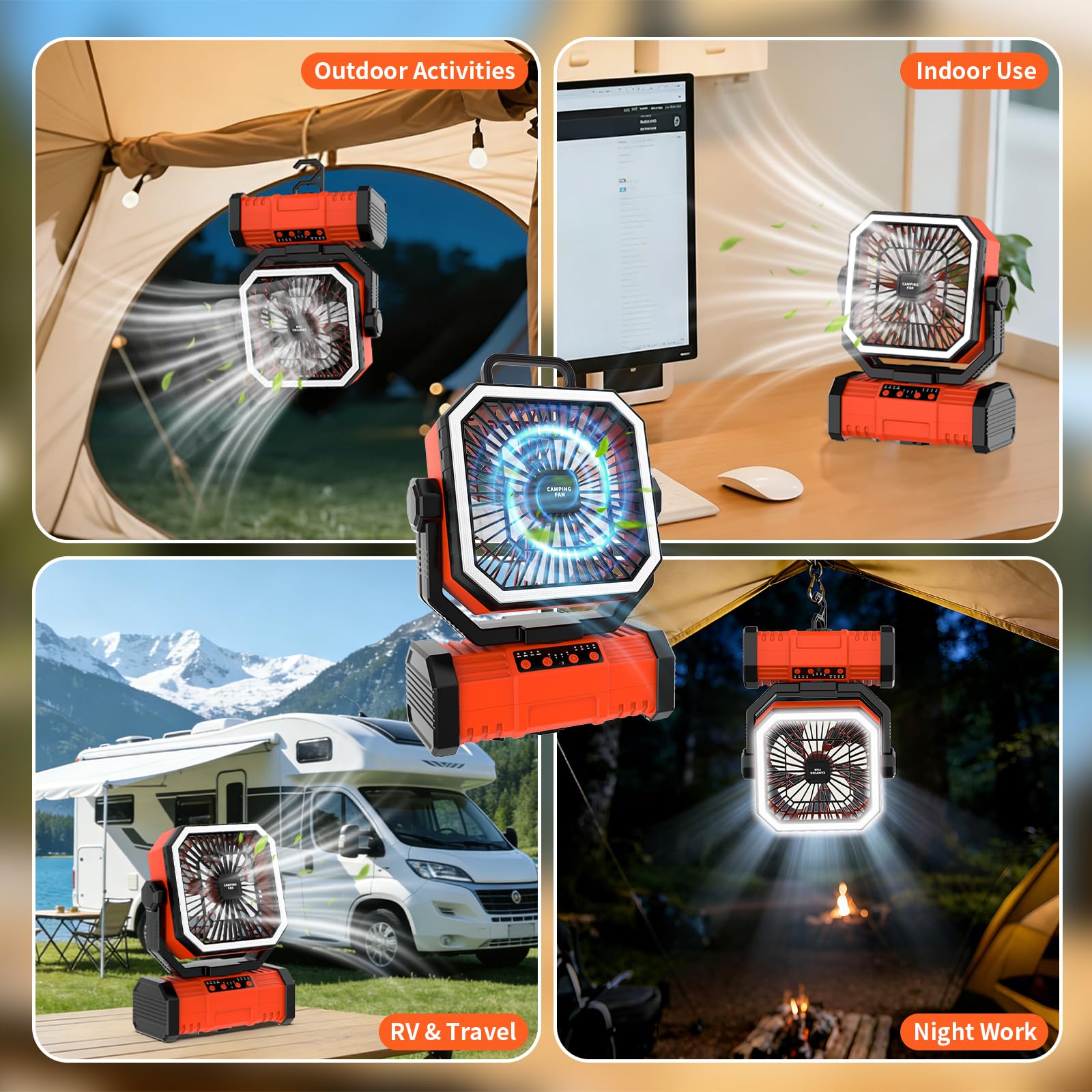 Super RGB 20000mAh Portable Camping Fans,Rechargeable Battery-Operated Oscillating Tent Fan with 4-Speeds,LED Light & Remote 360° Rotating Hook for Home,Outdoor and RV Travel in Summer Orange