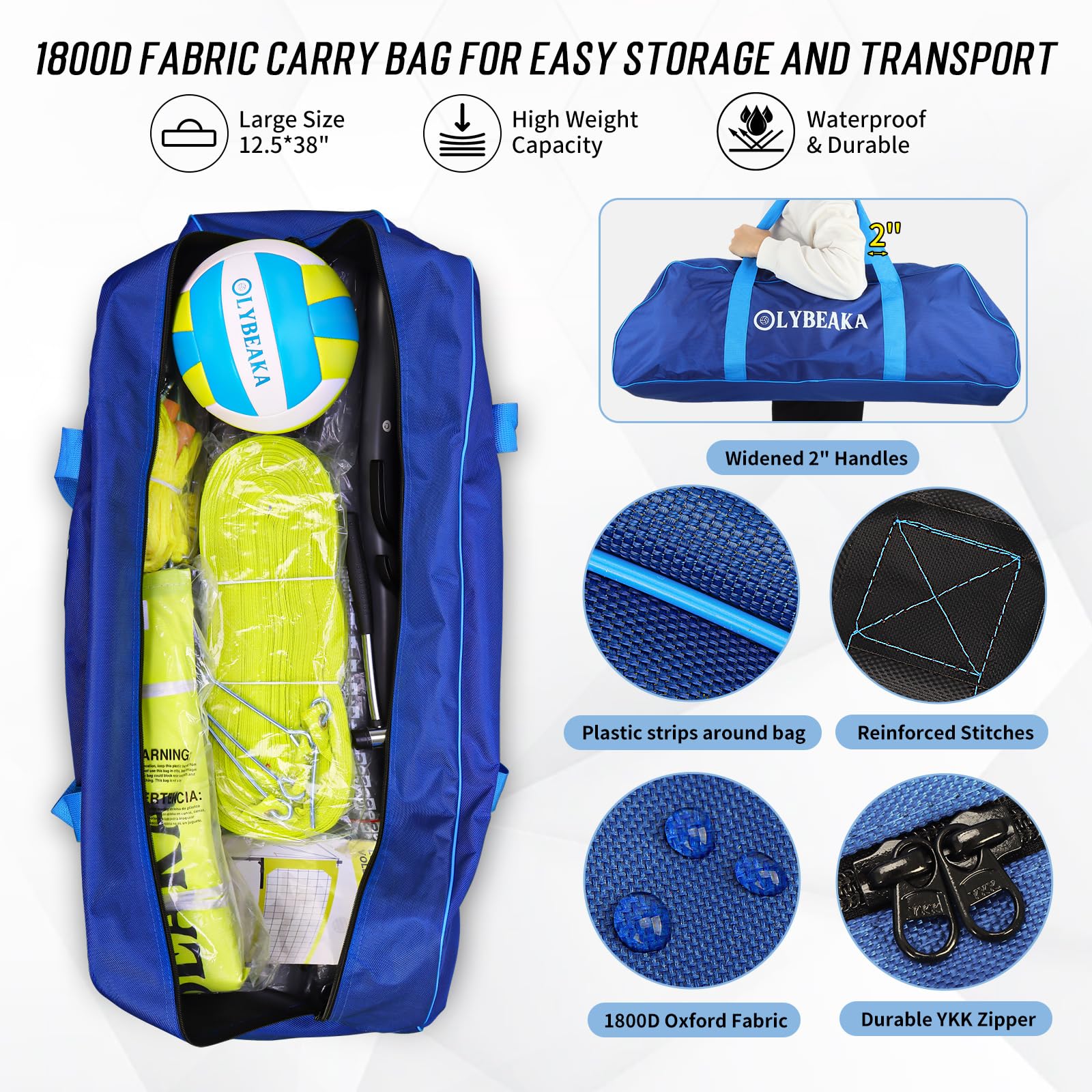 Outdoor Professional Volleyball Net Set with Heavy Duty 2" Adjustable Aluminum Poles, Tetoron Net, Portable 1800D Carry Bag - Super Stable & Anti-Sag with 2 Tension Adjusters for Backyard Beach Grass