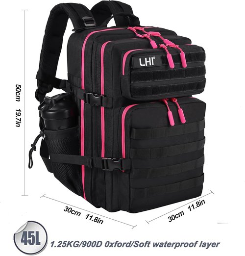 LHI Military Tactical Backpack - 45L Assault Pack with Molle System | Black with Red Zipper