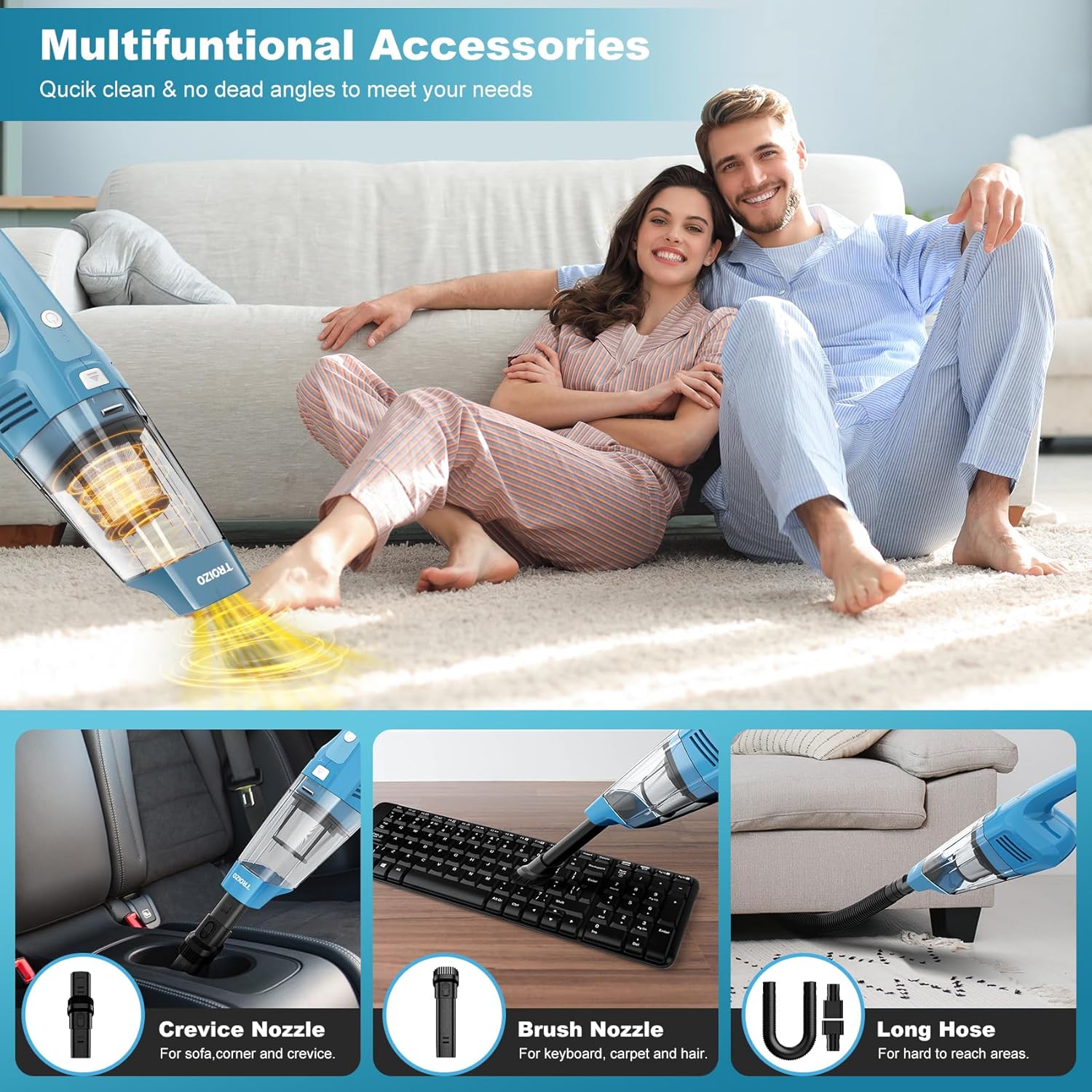 TROIZO Cordless Handheld Vacuum - 14500PA Powerful Suction & Brushless Motor | Portable for Home & Car
