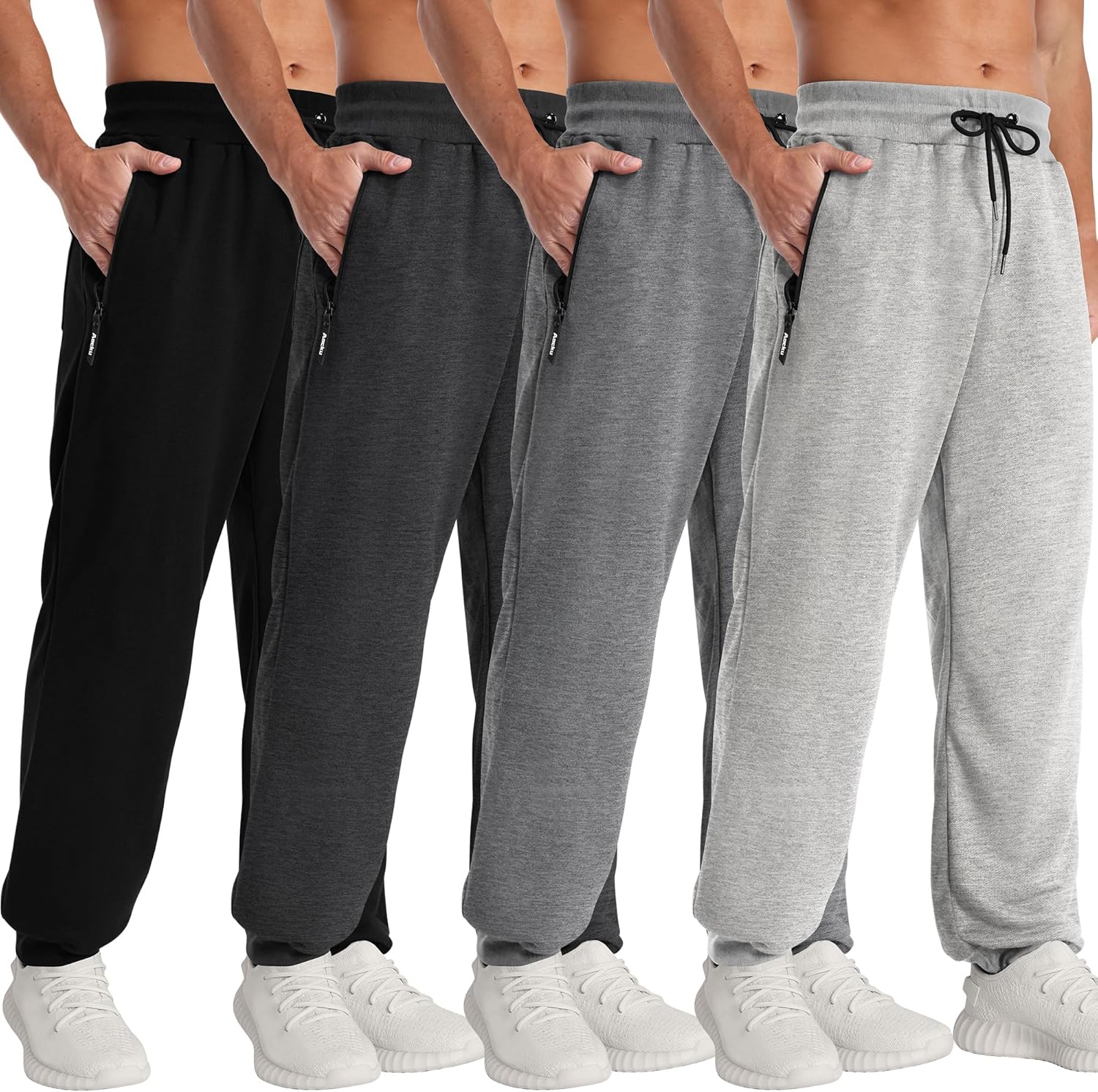 Skiennix Men's Athletic Joggers - 4 Pack with Zipper Pocket & Adjustable Drawstring | Comfortable Workout Pants