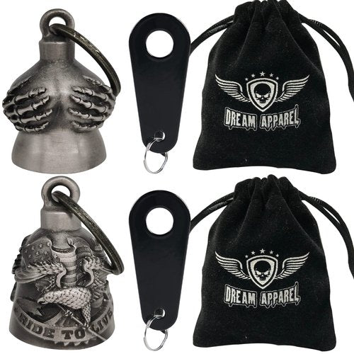 Dream Apparel 2 Pack Motorcycle Bells Guardian Angel for Biker Rider Men Women with Hangers, Ride Riding Accessories Drive Away Gremlins Spirit Bell for Good Luck, Motorcycle Gift Charm