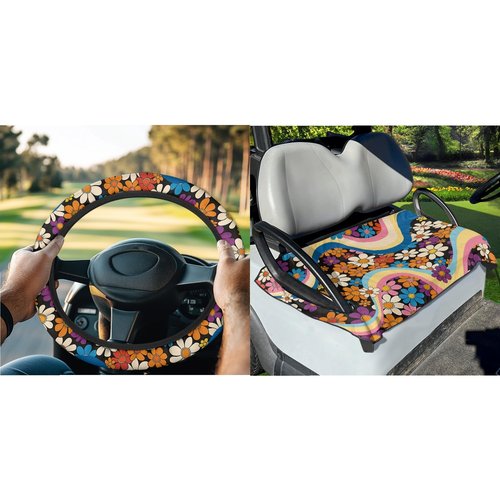 FUIBENG Golf Cart Seat Covers and 13-16 Inch Steering Wheel Covers, Golf Cart Seat Towel Blanket, Hippie Boho Floral