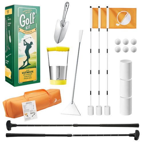 Golf & Mini Golf Complete Setup, 3X Pin Flags & Putting Green Hole Cups, 2X Adjustable Putters, Digger, Hole Cutter & More, for Grass Backyard, Beach, Driving Range Gift Set
