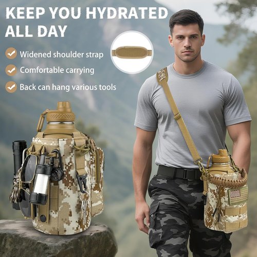 DEFUNX Insulated Half Gallon Water Bottle - 64 oz Tactical Stainless Steel Jug with MOLLE Pouch | Desert Digital Camo