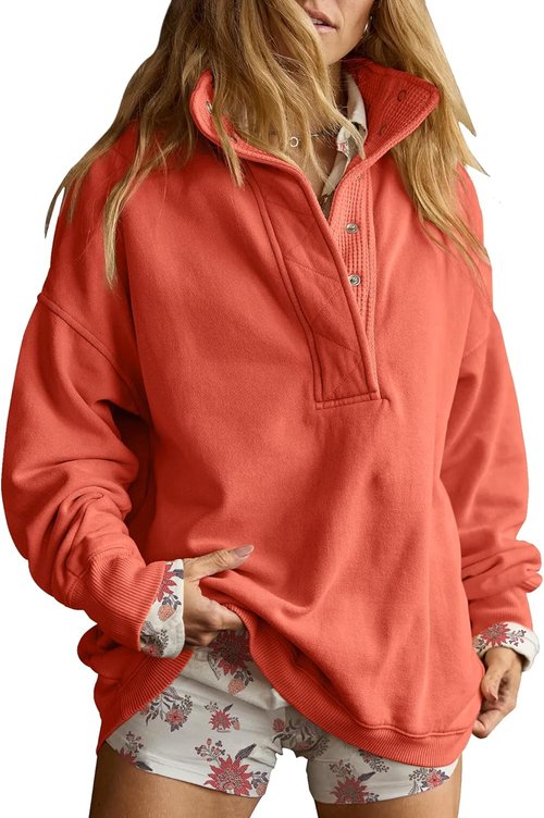 Gacaky Oversized Casual Sweatshirt - Long Sleeve Button Henley Neck Pullover for Women