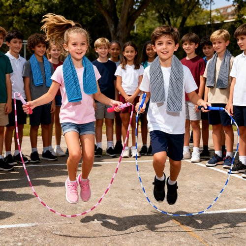 CUTEPLAN 2 Kids Jump Ropes & 2 Cooling Towels Set (35"x12") - Adjustable Tangles-Free Segmented Beaded Ropes for Kids 4-12, Ideal for Yoga, Running, Gym & Camping