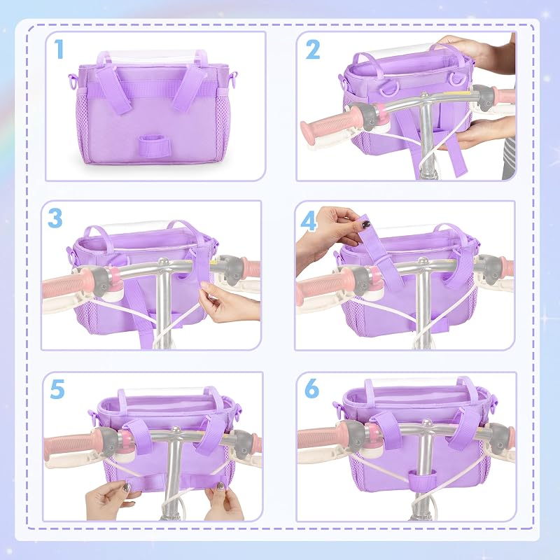 Kids Bike Basket Front Bag Purple - Water-Resistant 420D Nylon, Quick-Install