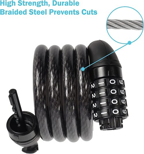 Lumintrail Combination Bike Lock Cable for Bike Accessories - 10ft Bike Locks Heavy Duty Anti Theft with Combinations - Bike Cable Lock Combination with Mounting Bracket (1 Pack, Black)