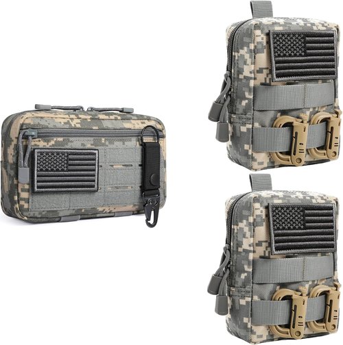 FRTKK Tactical Molle Admin Pouch - USA Flag Patch & Keychain | 2-Pack Tactical Pouches with D-Ring Clip
