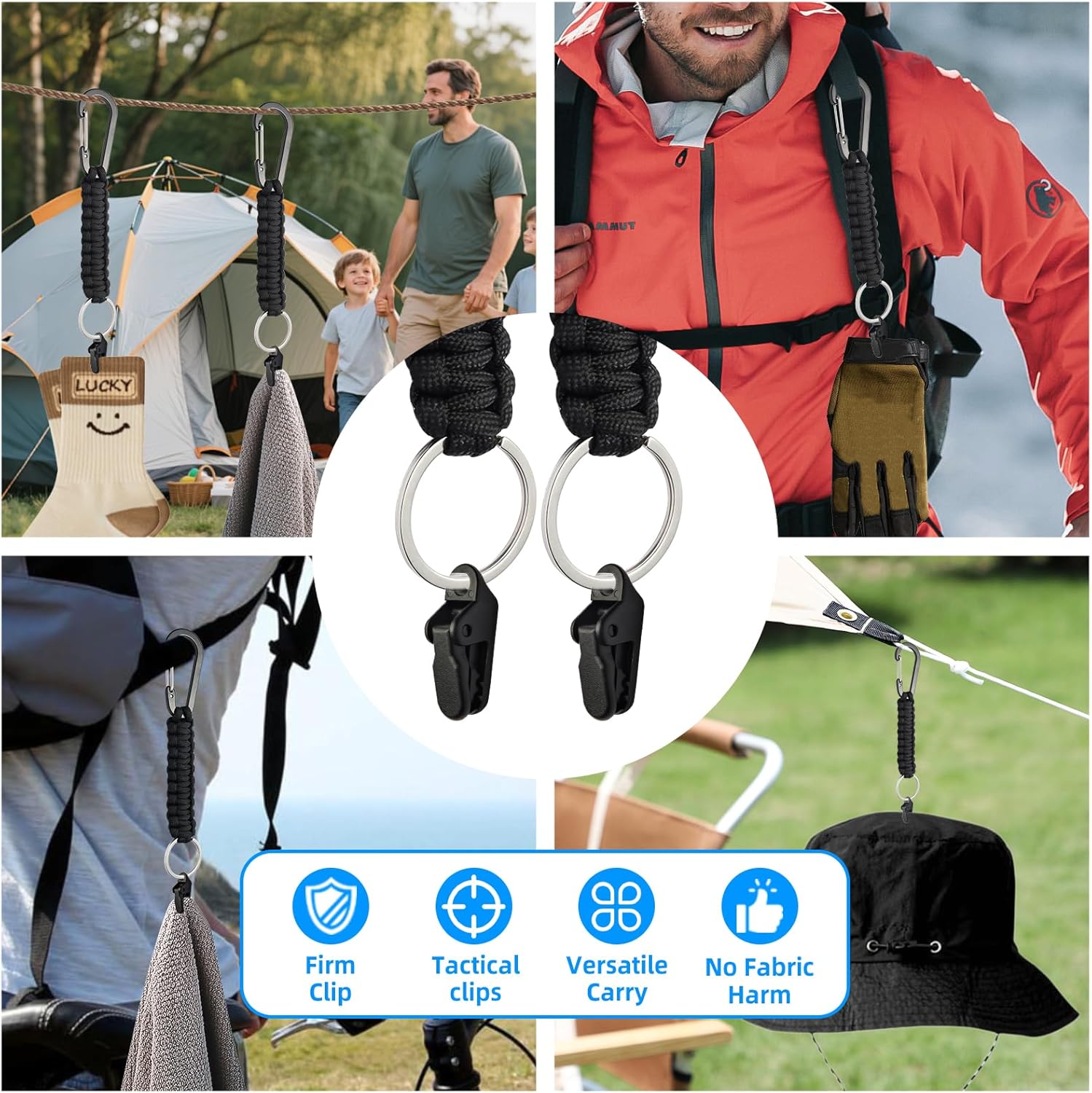 Paracord Keychain Carabiner Set - Multi-Function EDC Gear with Tactical Clips & D-Ring Hook for Outdoor Adventures