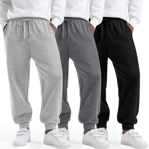 LessonZoo 3 Pack Boys Sweatpants Athletic Joggers Drawstring Lightweight Stretchy Active Straight Pants with Pockets Fall(Dark Gray, Light Gray, Black,XX-Large)