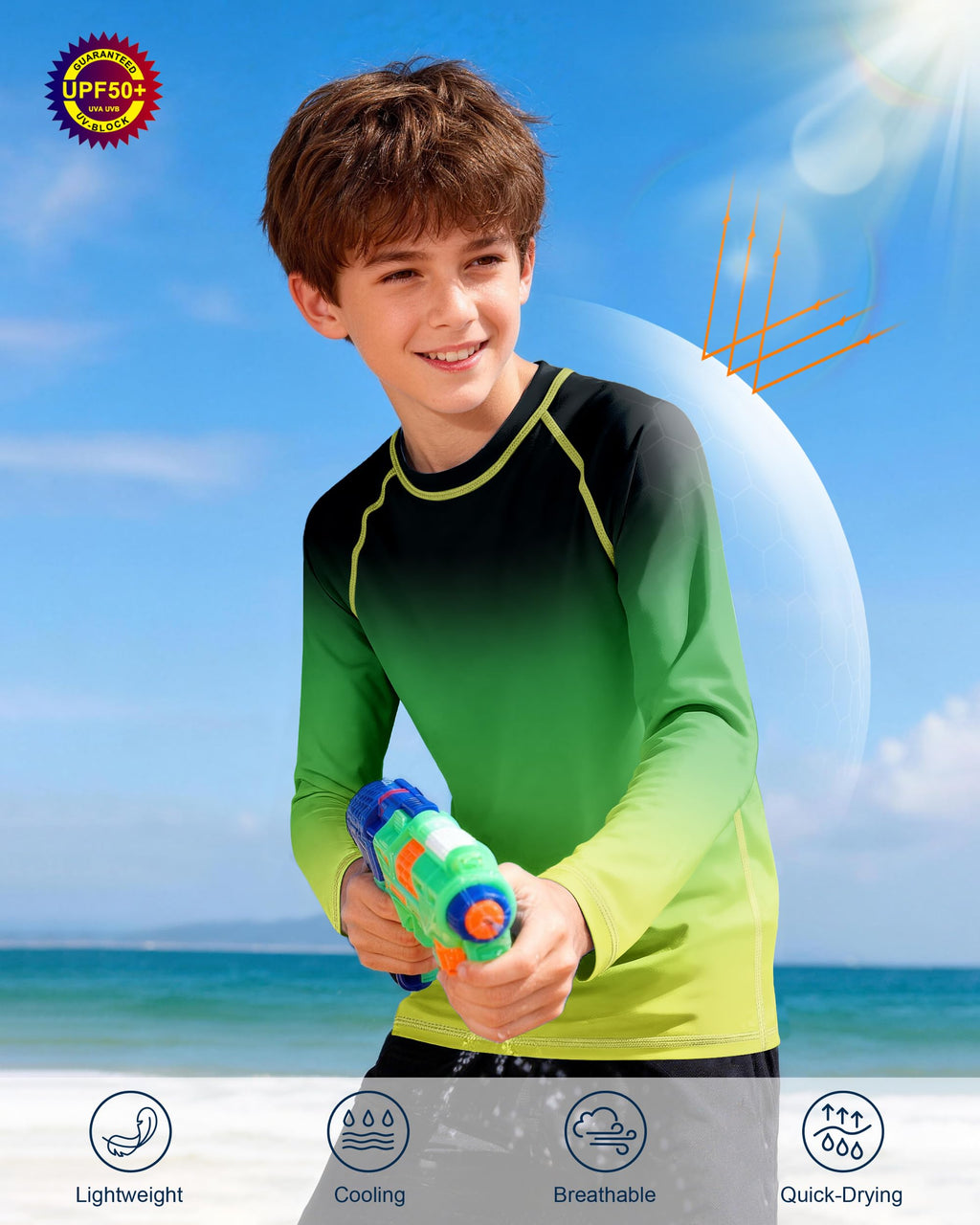 Boys UPF 50+ Swim Shirt Long Sleeve, 1 or 2 Pack UV Sun Protection Rash Guard, Youth Kids SPF Water Shirts for Beach Surf