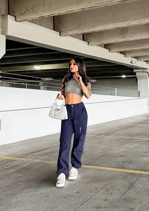 IVIR Blue Cargo Pants Women Adjustable Waist Baggy Cargo Pants with Pockets Straight Wide Leg Pants Navy Blue XL