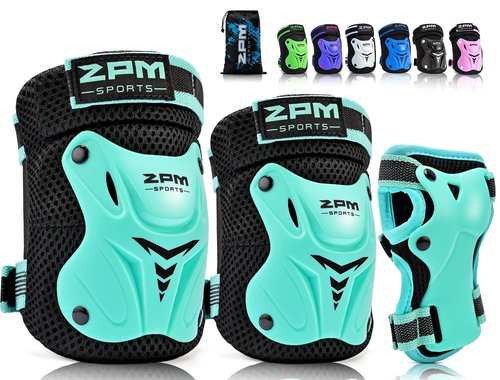 2PM SPORTS Knee Pads for Kids, Wrist Guards Knee and Elbow Pads Set with Drawstring Bag, Protective Gear Set for Girls Boys Roller Skating Cycling Skateboard - Mint Medium