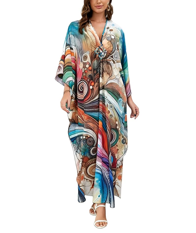 Batwing Sleeve Kaftan Dress for Women Plus Size - Abstract Pattern Beach Cover Up