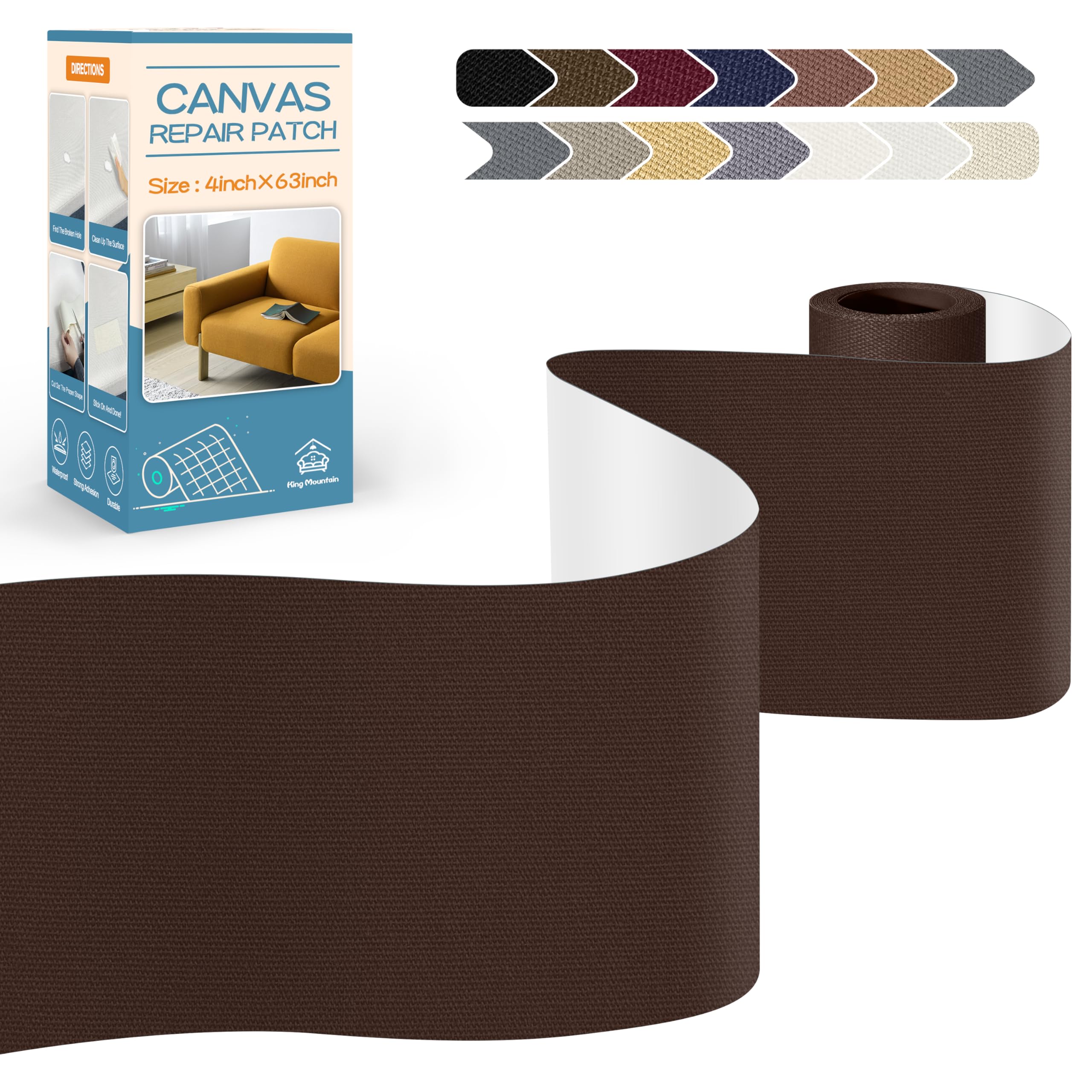 KING MOUNTAIN Canvas Repair Tape,Outdoor Gear Patch, 4×63 Inches,Waterproof,Self-Adhesive for Repairing Boat Covers,Sun Shades,Sofas,Tents,Lounge Chairs,Awnings (Coffee)