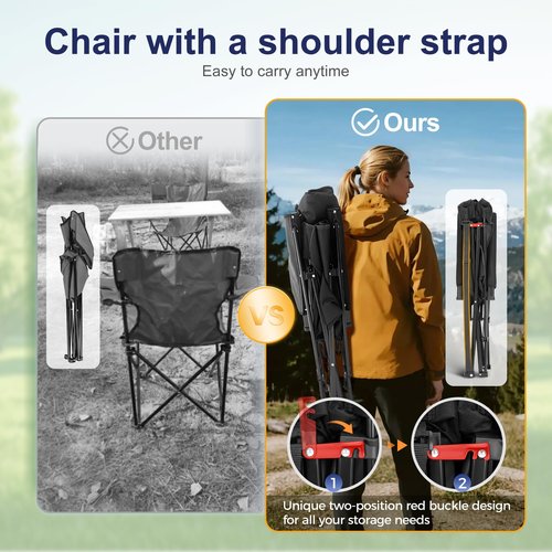 LET'S CAMP Oversized Camping Chairs 29.52" High Back Heavy Duty Lawn Chair Support 500LBS, Portable Collapsible Chair with Cup Holder, Side Pocket(Black)