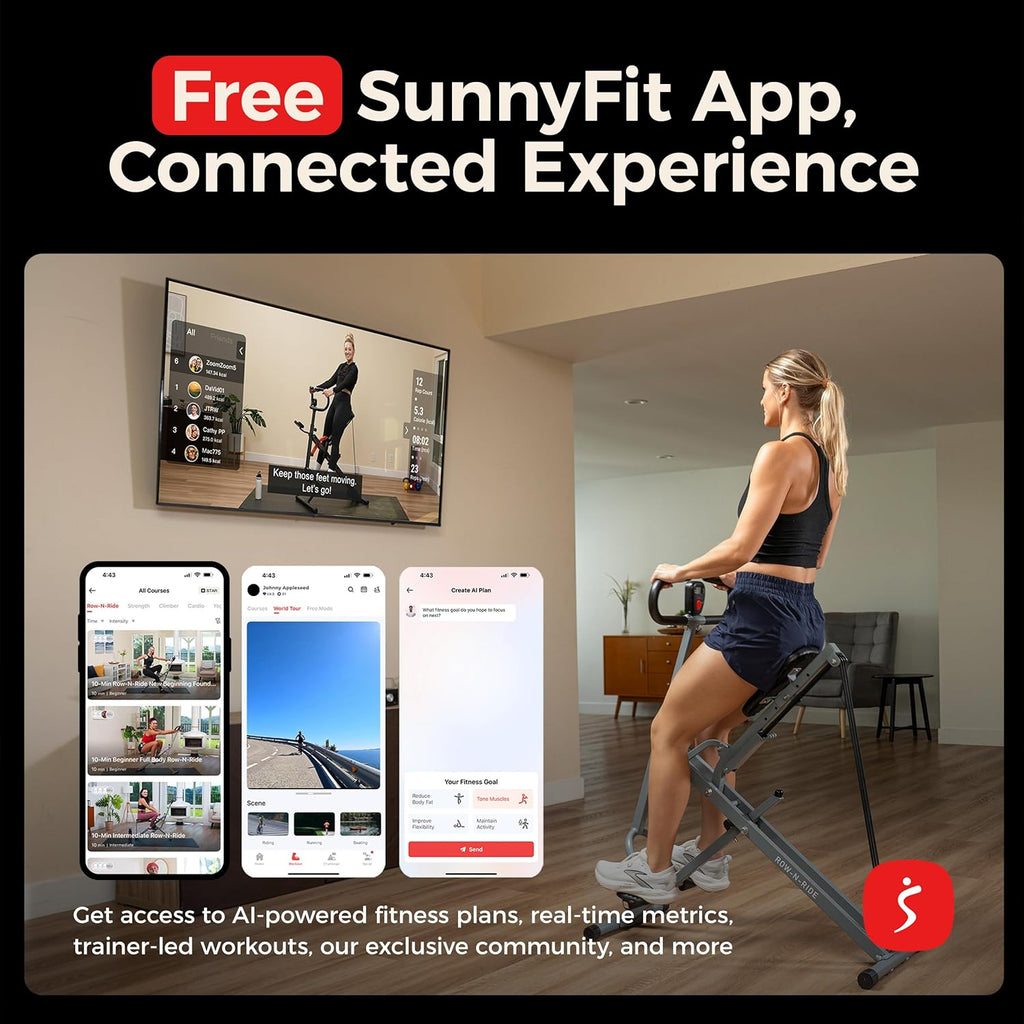 Sunny Health & Fitness Smart Row-N-Ride | Foldable Glute & Leg Trainer with SunnyFit App Connection