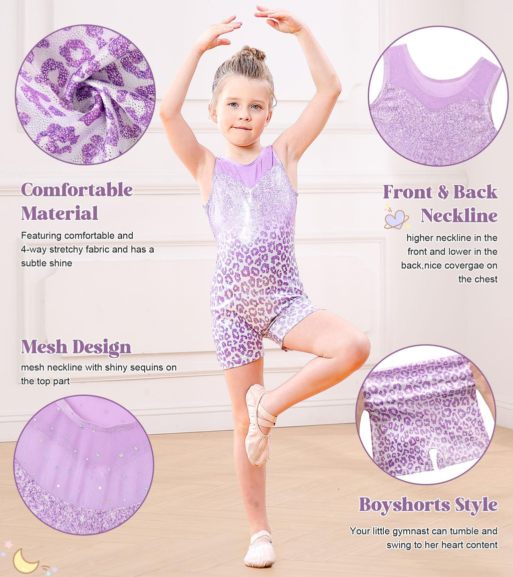uideazone Little Girls Gymnastics Leotards 4t 5t Purple Leopard Ballet Unitards Sparkle Sequin Mesh Biketard Athletic Dance Wear for Kids