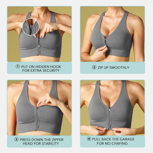 Evercute Wireless Sports Bra - Zip Front Design for Post-Surgery Comfort | Medium Support, Padded, Strappy
