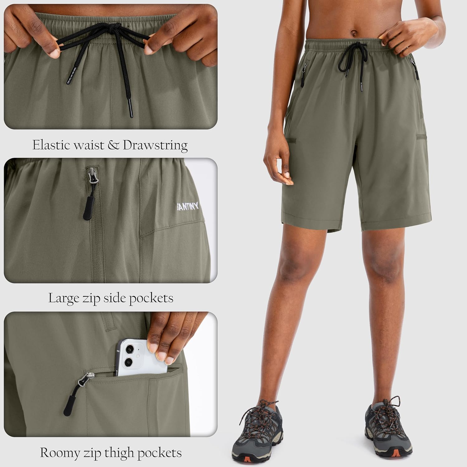 SANTINY Women's Hiking Cargo Shorts - Quick Dry Lightweight Athletic Shorts with Zipper Pockets | 5''/7''/9'' Sizes