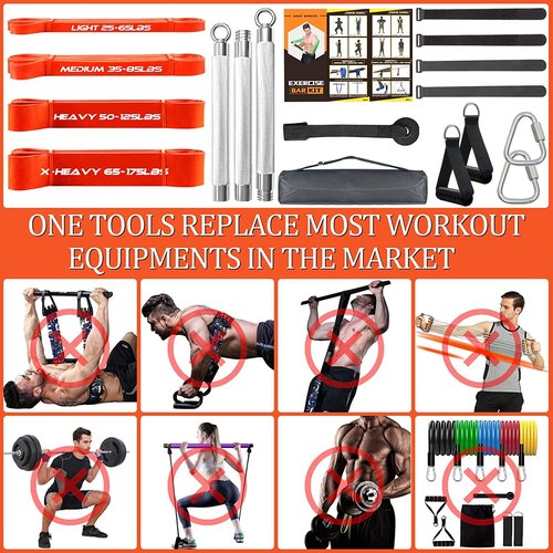 Detachable Resistance Band Bar Set for Home Gym, 500LBS Capacity with 4 Stackable Bands, Door Anchor & Workout Guide