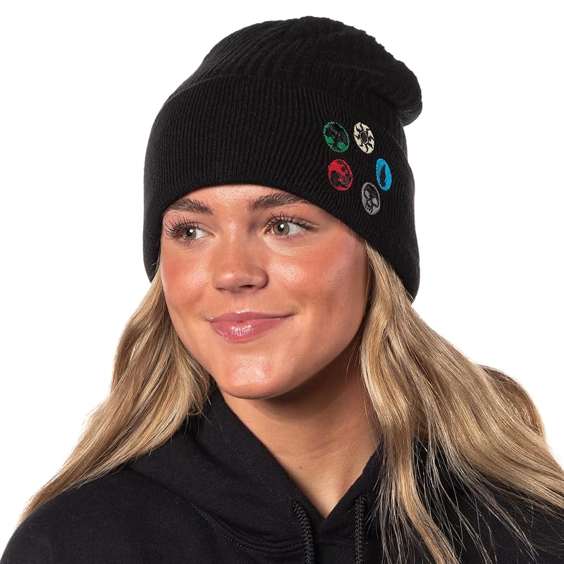 Magic: The Gathering Mana Token Knit Beanie—Unisex Cuffed Hat, Black
