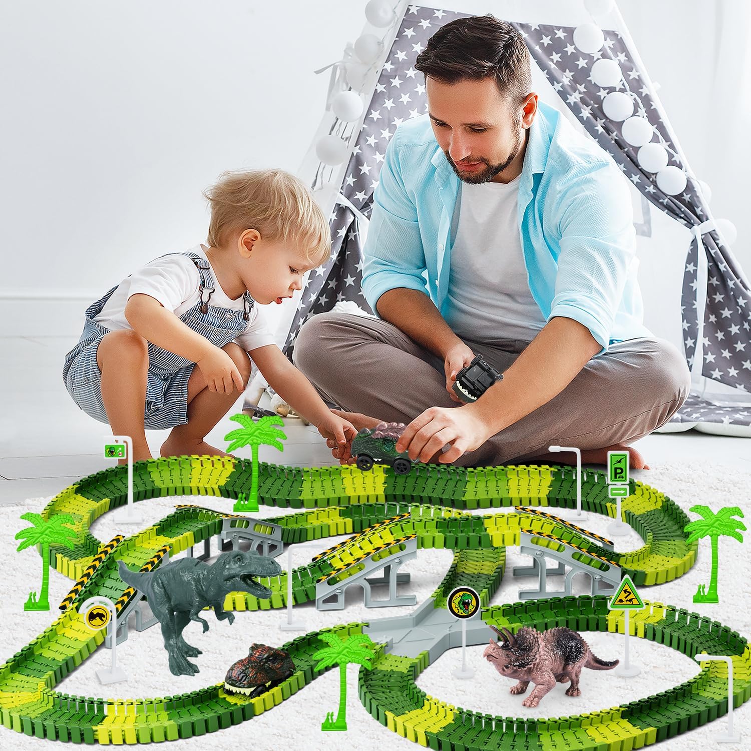 Skiennix Dinosaur Toys - Flexible Track Playset with 2 Cool Dinosaur Cars | Perfect Gift for Kids Ages 3-6
