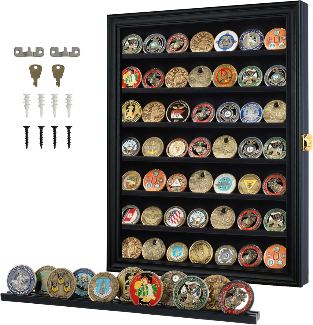Regine Switzerland Military Challenge Coin Display Case - Black Finish with 98% UV Protection | Fits Army, Navy, Air Force, Marine Corps Coins