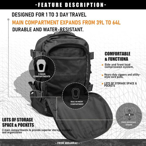 Miramrax Tactical Backpack Military Army Daypack - Assault Pack for Men Molle Backpacks Bug Out Bag 3 Day Pack for Hiking Camping Travel Hunting Rucksack Trekking Black