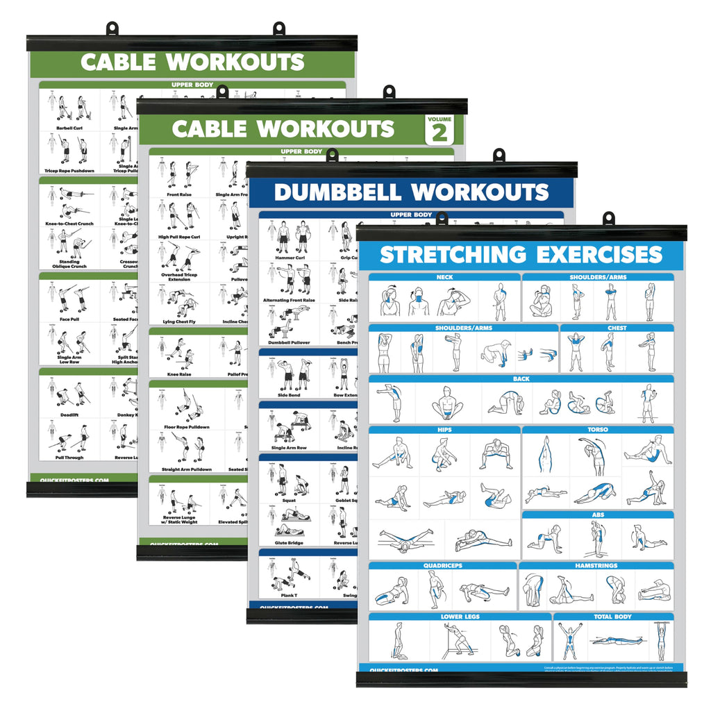 Palace Learning 4 Pack - Cable Machine Workout Posters Volume 1 & 2 + Dumbbell Exercises + Stretching Exercises (LAMINATED WITH PLASTIC FRAME, 18" x 24")