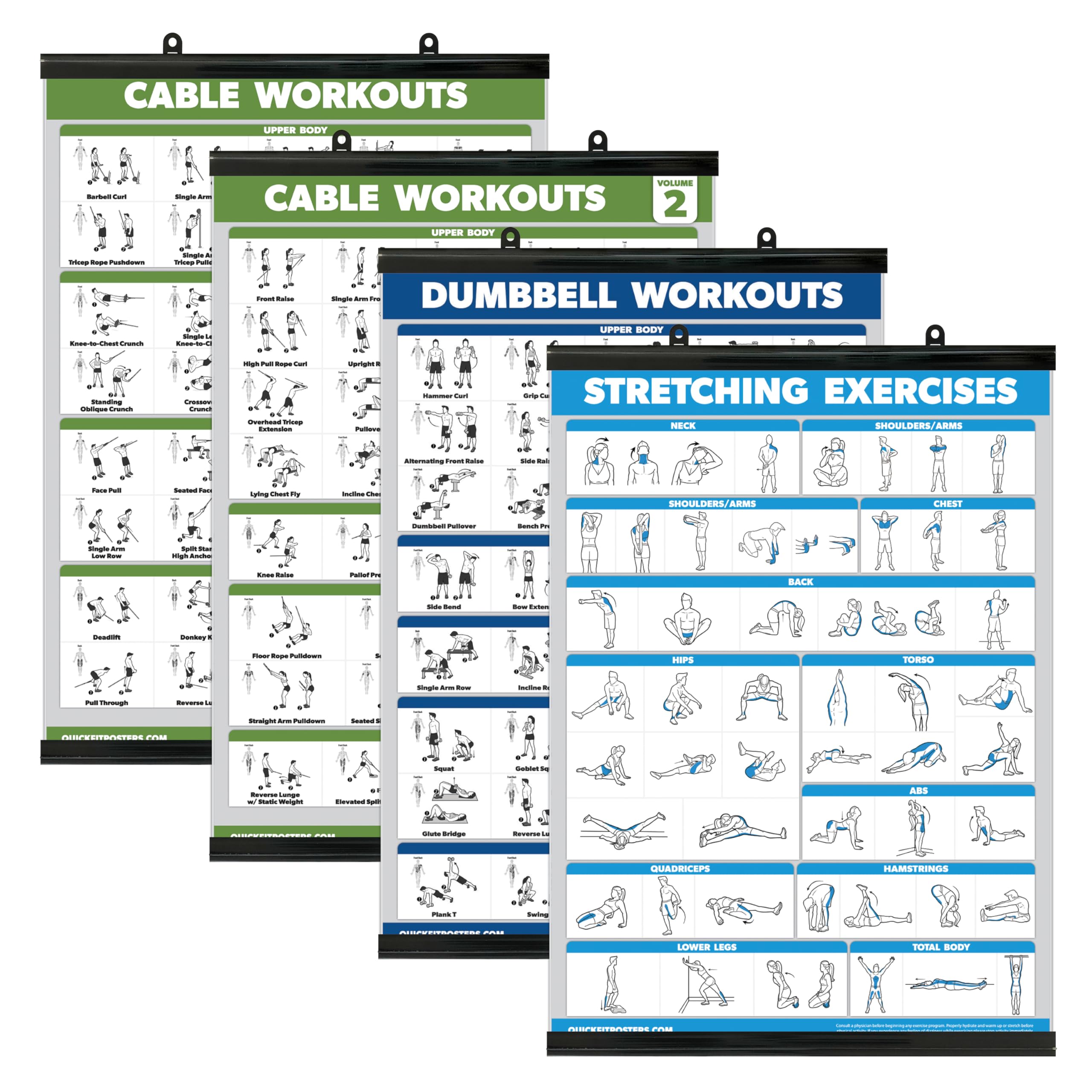Palace Learning 4 Pack - Cable Machine Workout Posters Volume 1 & 2 + Dumbbell Exercises + Stretching Exercises (LAMINATED WITH PLASTIC FRAME, 18" x 24")