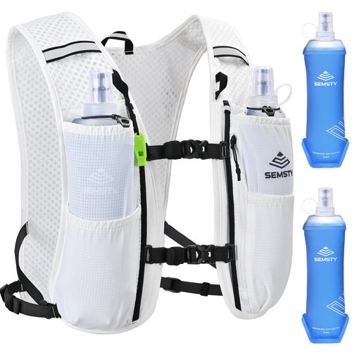 SEMSTY Running Vest for Women Men, 5L Hydration Vest with Dual 500ml Soft Flask, Lightweight Water Backpack, Adjustable Chest Straps Hydration Backpack for Running Cycling Hiking