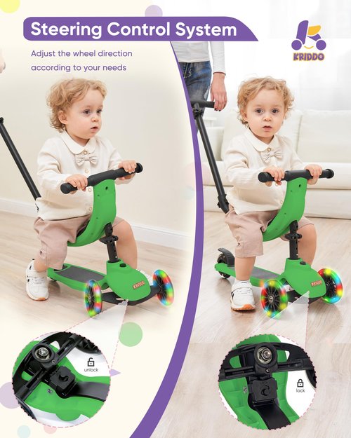 KRIDDO 5-in-1 Kids Kick Scooter, Lean-to-Steer, Toddler Toy Scooter with Adjustable Height, 3 Lighted Wheels, Ideal for Indoor & Outdoor, Gift for Kids Ages 1-5 Years, Green