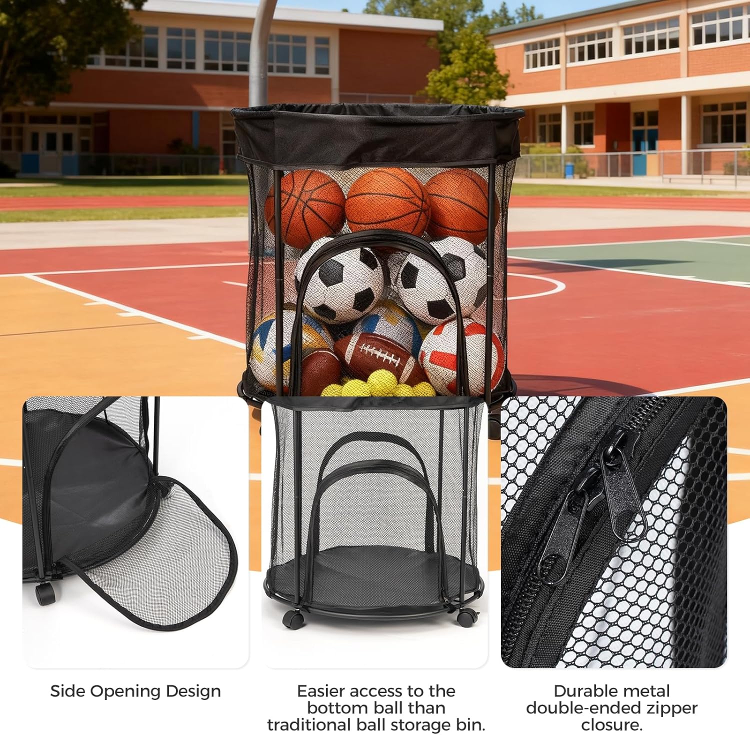 Skiennix Ball Storage Cart - 51.36 Gallon Capacity with Wheels & Side Opening Baskets | Ideal for Sports Balls