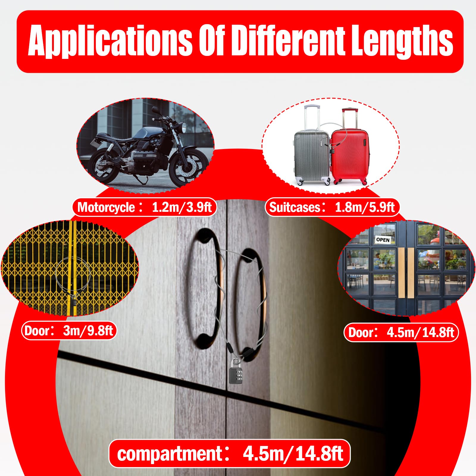 VIVBOO 4FT/6FT/10FT/15FT Cable Locks with Combination 1/8 inch Security Cable with Loops for Fence Luggage Gym Locker Cabinet