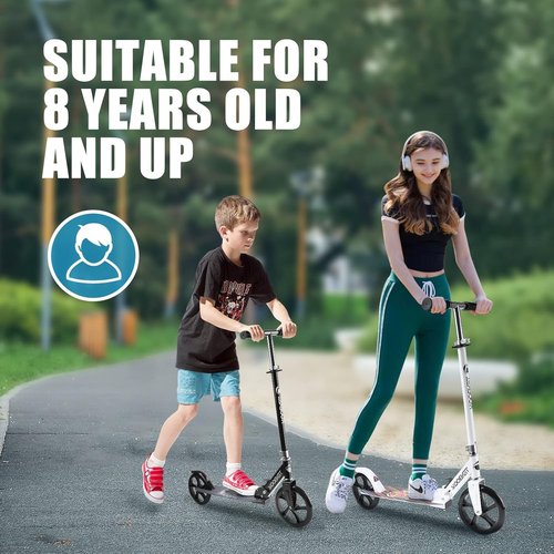 Kick Scooter for Ages 6+, Kids, Teens & Adults. Max Load 240 LBS. 8IN Big Wheels for Kids, Teens & Adults, 3 Adjustable Levels (White)