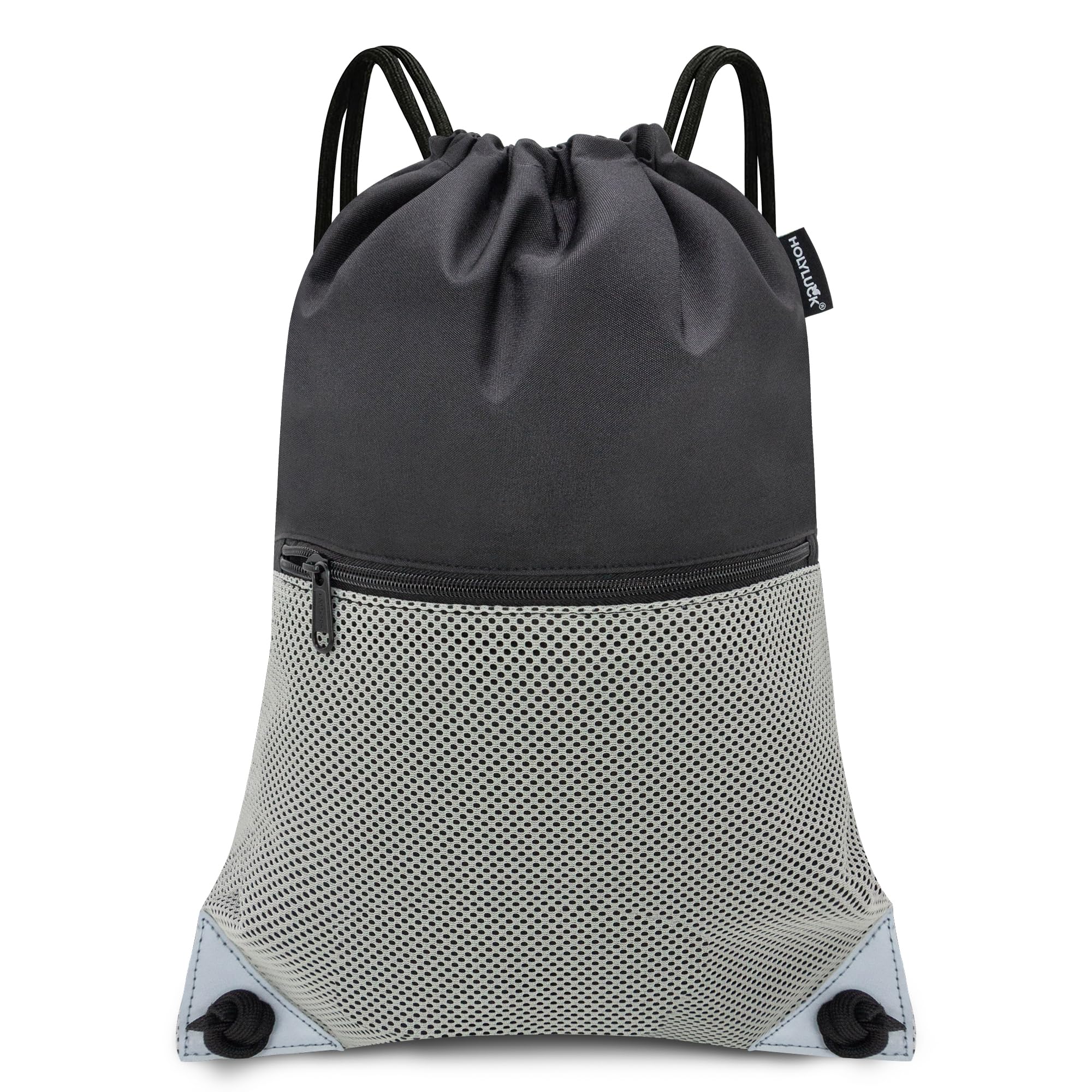 HOLYLUCK Drawstring Backpack Gym Sports Bag with Front mesh zipper Pocket 18.6" L x 13.5" W Cinch Sack String Sackpack For Men Women (black and grey)