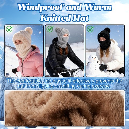 3 in 1 Beanie Hat for Women, Upgrade Beanie Hat with Scarf and Mask, Winter Warm Knitted Ski Scarf&Mask Set, Wind Resistant Hooded Scarf Hats, Thick Plush-Lined Warm Hats for Women (Black)